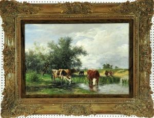 Kuhe Im Flachen Wasser Eines Flusses by Victor Weishaupt