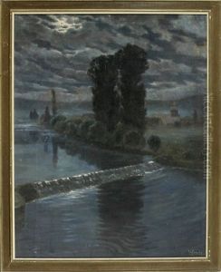 Fluss Mit Staustufen In Nachtlicher Stadtlandschaft by Victor Weishaupt