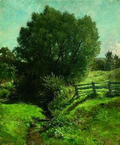 Sommerliche Wiesenlandschaft Mit Weidezaun Und Einem Bach