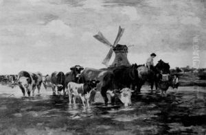 Niederrheinlandschaft Mit Kuhen Am Wasser by Victor Weishaupt
