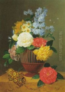 Roses, Narcissi, Bluebells, Morning Glory And Other Flowers In A Vase With A Rose And Primroses On A Marble Shelf by Anton Weiss
