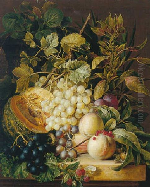 Still Life Of Grapes, Peaches, Plums And Other Fruit, All On A Marble Bench - view 1