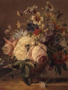 A Still Life Of Summer Flowers In A Vase On A Ledge A Still Life Of Summer Flowers In A Vase On A Ledge