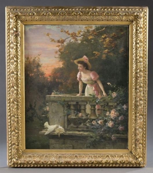 Young Woman On A Balcony With A Sunset Landscape Behind Her - view 1