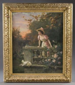 Young Woman On A Balcony With A Sunset Landscape Behind Her by Emile Georges (Geo) Weiss