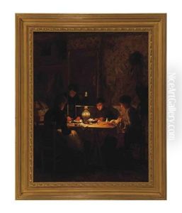 Women Sewing By Lamplight by Emile Georges (Geo) Weiss
