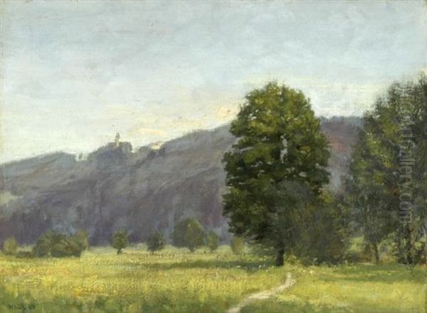 Sommerwiese Mit Baumen Und Dem Kloster Andechs In Der Ferne - view 1