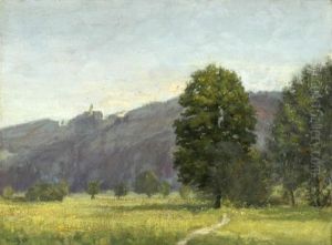Sommerwiese Mit Baumen Und Dem Kloster Andechs In Der Ferne Sommerwiese Mit Baumen Und Dem Kloster Andechs In Der Ferne