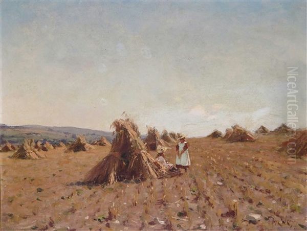 Harvest Scene With Children Seated By Corn Stooks - view 1