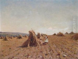 Harvest Scene With Children Seated By Corn Stooks