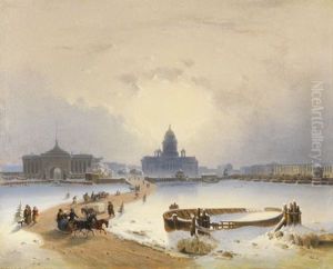 St. Petersburg: Schlittenfahrt Uber Die Neva Mit Blick Auf Admiralitat, Isaakskathedrale, Ehernen Reiter, Senat Und Synode by Joseph Andreas Weiss