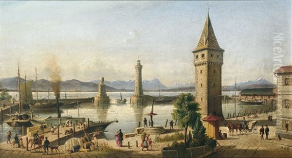 Blick Auf Den Lindauer Hafen Mit Lowe, Leuchtturm Und Mangturm Und Weitem Blick Uber Den See Auf Osterreichisches Und Schweizerisches Bergpanorama - view 1