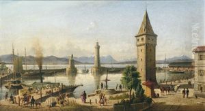 Blick Auf Den Lindauer Hafen Mit Lowe, Leuchtturm Und Mangturm Und Weitem Blick Uber Den See Auf Osterreichisches Und Schweizerisches Bergpanorama