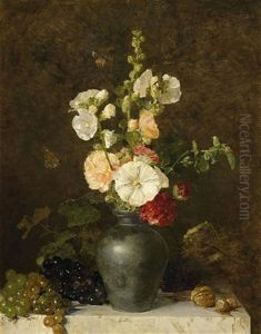 Stillleben Mit Wintrauben Neben Malven In Einem Tonkrug by Olga Weiss