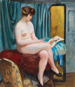 Female Nude Reading By A Blue Curtain by Wojciech Weiss