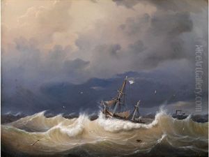 Sturmische See Mit In Wellen Kampfendem Segelschiff by Johann Baptist Weiss