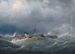 Paddle Steamer And Two Master In Choppy Sea by Johann Baptist Weiss