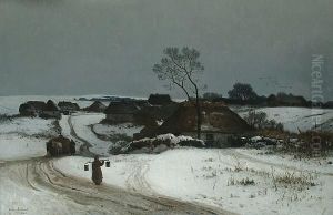 A Figure In An Extensive Winter Landscape, A Village Beyond by Walery Brochocki