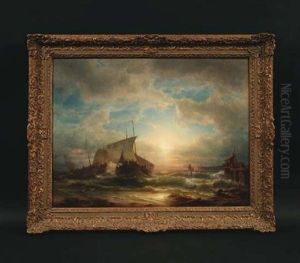 Sonnenuntergang Uber Sturmischer See. Die Letzten Fischerboote Kehren Heim by Johann Baptist Weiss