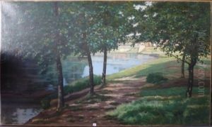 Allee D'arbres Au Bord De La Riviere by Leon Weisse