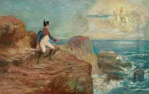 Napoleons Vision. Napoleon In Uniform Auf Felsen Der Steilkuste Von St. Helena Sitzend, Hat Die Vision Eines Kriegsgeschehens, Das Uber Dem Horizont Am Himmel Sichtbar Wird