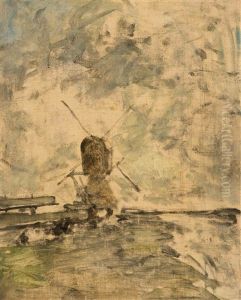 Dutch Polder Landscape With Hollow Post Mill And Cow Resting In Front Of A Fence