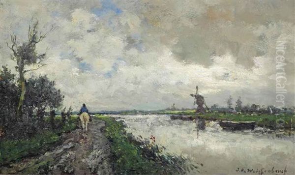 A Polder Landscape With A Windmill And An Equestrian On A Trail - view 1