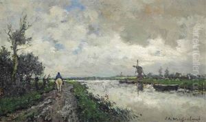 A Polder Landscape With A Windmill And An Equestrian On A Trail