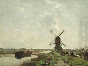 Polder Landscape With A Windmill And Cows by Jan Hendrik Weissenbruch