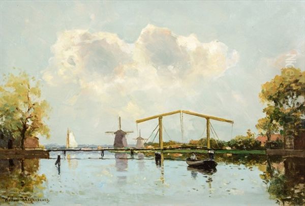Hollandische Kanallandschaft Mit Zugbrucke Und Windmuhlen - view 1