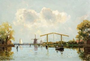 Hollandische Kanallandschaft Mit Zugbrucke Und Windmuhlen thumbnail
