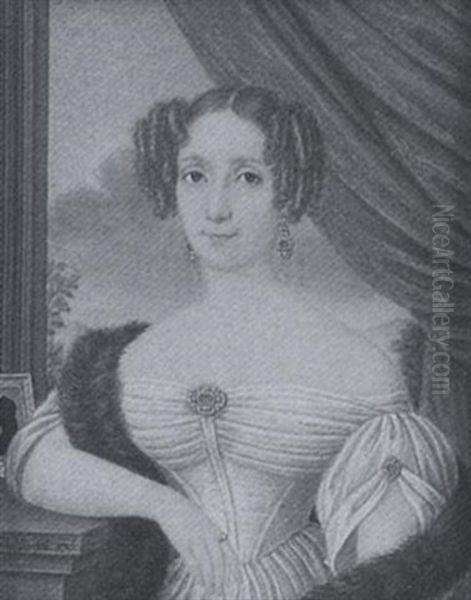 A Lady By A Window Wearing White Dress And Fur Stole, A Gold And Emerald Brooch At Her Corsage, Matching Brooch And Earrings, A Silhouette By Her Side - view 1