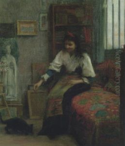 Le Modele Jouant Avec Son Chat by Charles Louis Auguste Weisser