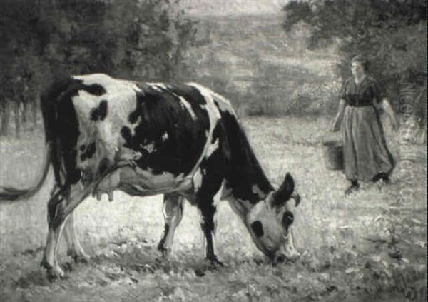 Milkmaid And Fresian Cow In A Meadow - view 1