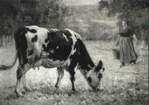 Milkmaid And Fresian Cow In A Meadow by Charles Louis Auguste Weisser