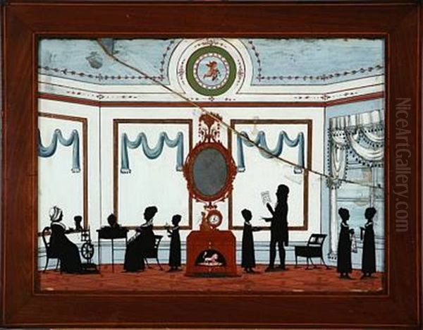 Interior With A Family In Silhouette, Four Girls With Flowers, Teacup And Needlework - view 1