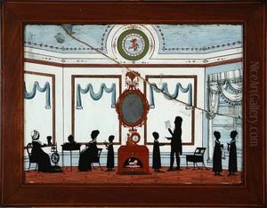 Interior With A Family In Silhouette, Four Girls With Flowers, Teacup And Needlework by Joachim Gottfried Wilhelm Weitlandt