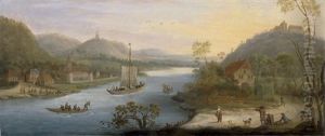 Ideale Flusslandschaft Mit Lastkahn Und Ruderbooten.