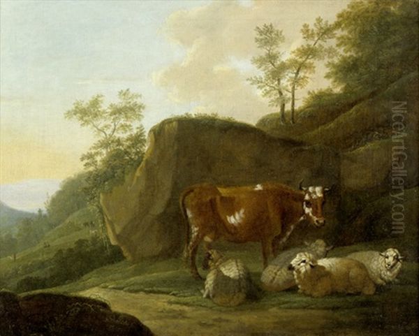Pastorale Landschaft Mit Kuh Und Ruhenden Schafen - view 1