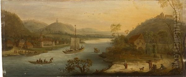 Weite, Hugelige Flusslandschaft Mit Lastkahn Und Ruderbooten - view 1