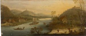 Weite, Hugelige Flusslandschaft Mit Lastkahn Und Ruderbooten