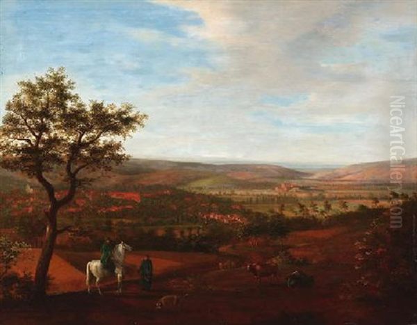 Blick In Weite Landschaft Mit Dorf Und Reitern - view 1