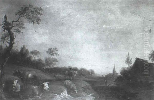 Lagernde Kuh- Und Schafherde In Einer Weiten Landschaft - view 1