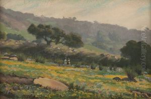 Landscape With Two Figures In A Field Of Flowers by Ludmilla Pilat Welch