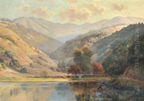 Landscape With Lake, Cattle And Mountains - view 1