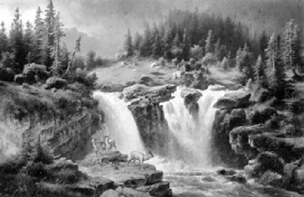 Gebirgslandschaft Mit Rehen Am Wildbach - view 1