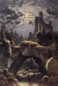 Rehwildrudel In Romantischer Mondnacht by Ernst Welker