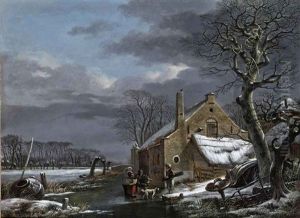 Figures Conversing On A Frozen Waterway by Arnoldus Van Well