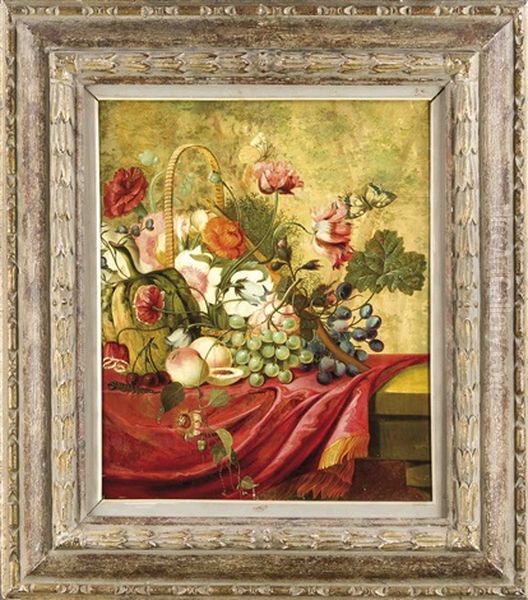 Blumenstillleben Mit Versch. Fruchten, Zwei Schmetterlingen U. Einer Raupe - view 1