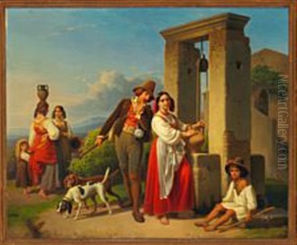 A Hunter Courting A Young Italian Woman At A Well - view 1